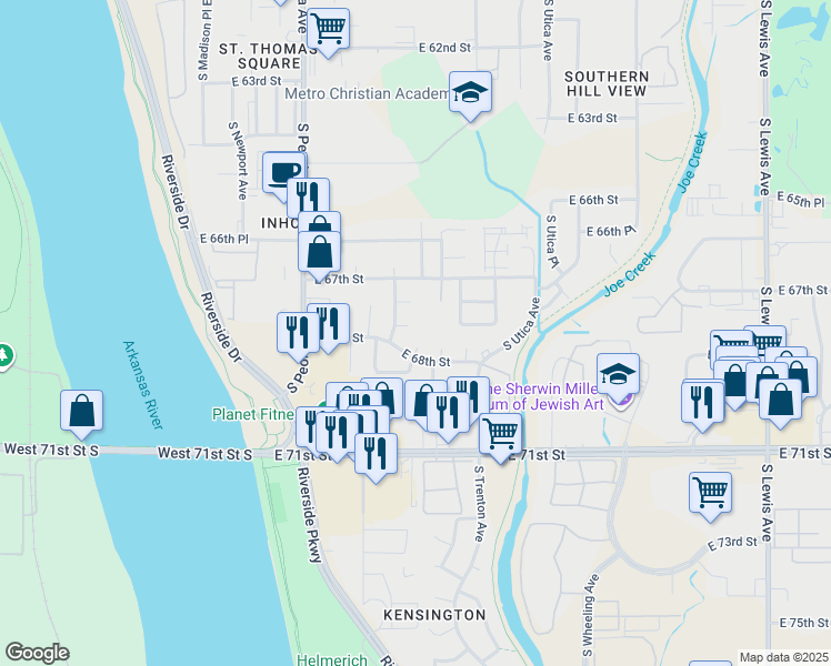 map of restaurants, bars, coffee shops, grocery stores, and more near 1514 East 67th Court in Tulsa