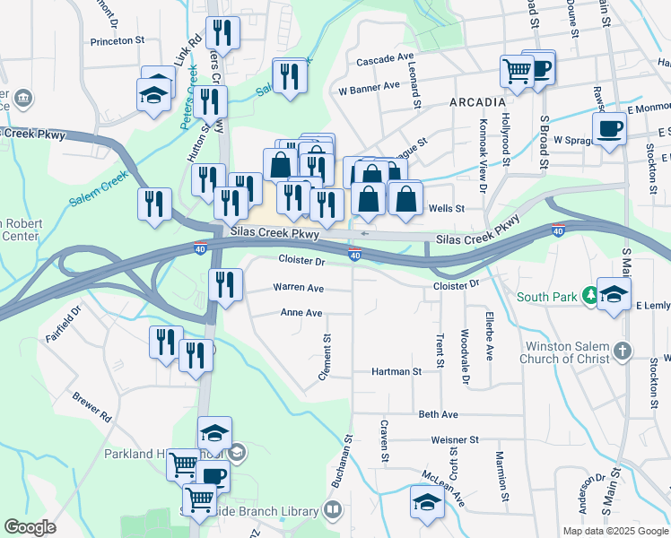 map of restaurants, bars, coffee shops, grocery stores, and more near 908 Cloister Drive in Winston-Salem