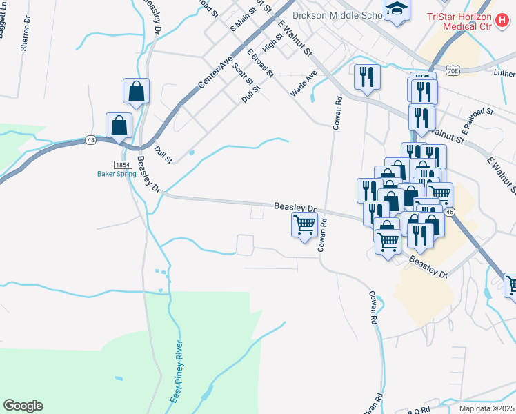 map of restaurants, bars, coffee shops, grocery stores, and more near 174 Green Park Drive in Dickson