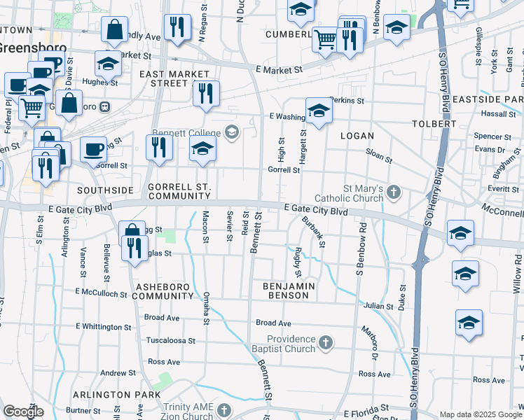 map of restaurants, bars, coffee shops, grocery stores, and more near 605 Bennett Street in Greensboro