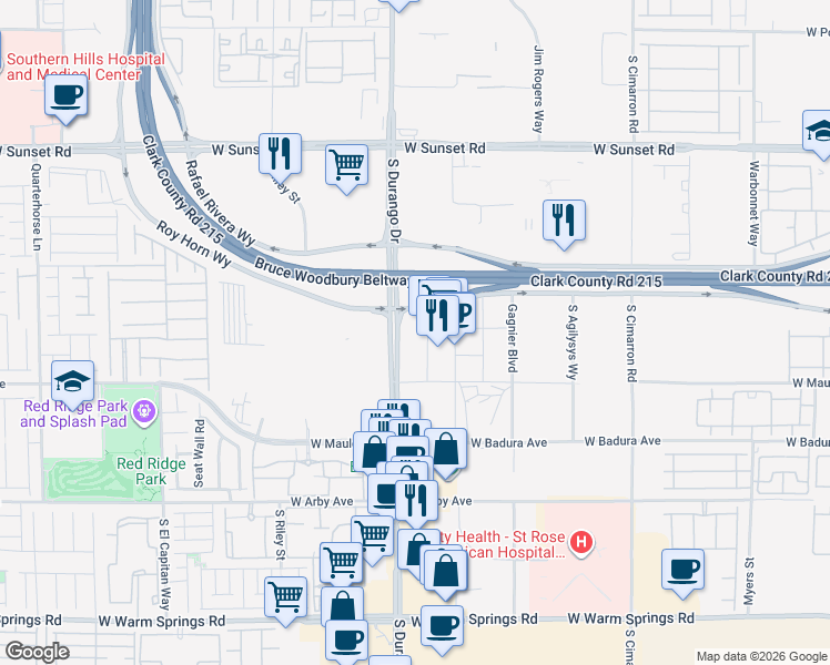 map of restaurants, bars, coffee shops, grocery stores, and more near 6373 South Durango Drive in Las Vegas