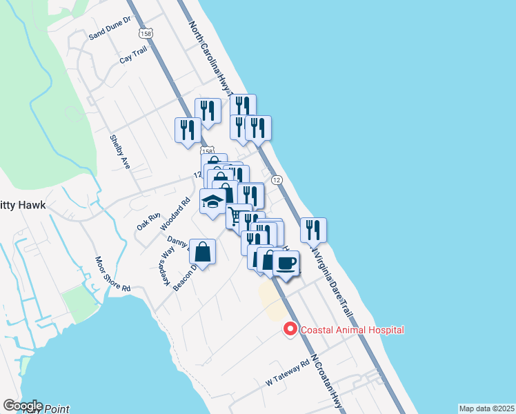 map of restaurants, bars, coffee shops, grocery stores, and more near 3833 North Croatan Highway in Kitty Hawk