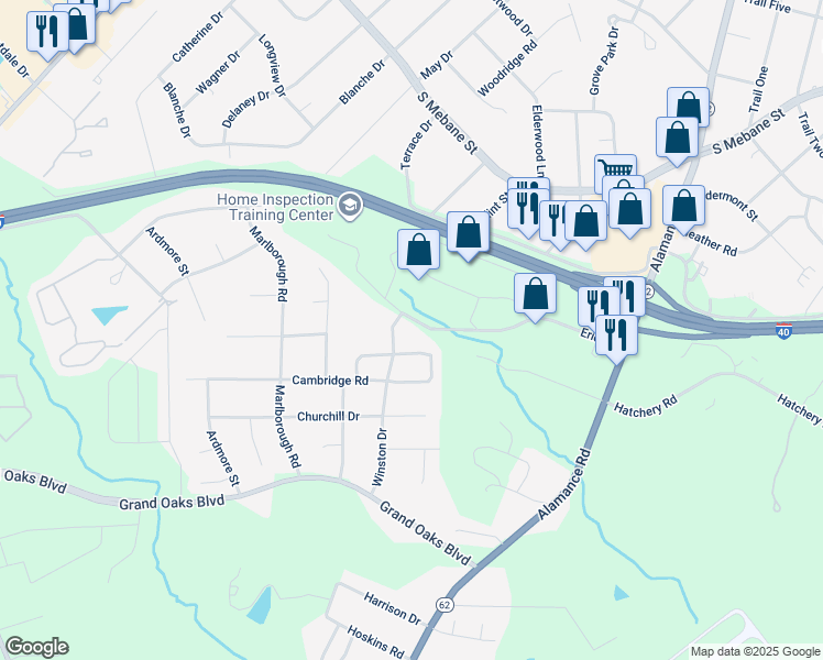 map of restaurants, bars, coffee shops, grocery stores, and more near 3010 Winston Drive in Burlington