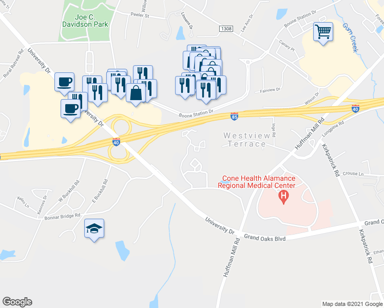 map of restaurants, bars, coffee shops, grocery stores, and more near 1720 Old Saint Marks Church Road in Burlington