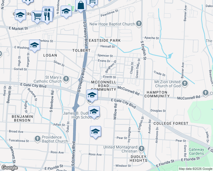 map of restaurants, bars, coffee shops, grocery stores, and more near in Greensboro