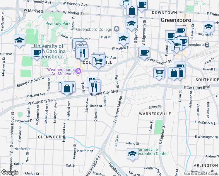 map of restaurants, bars, coffee shops, grocery stores, and more near in Greensboro