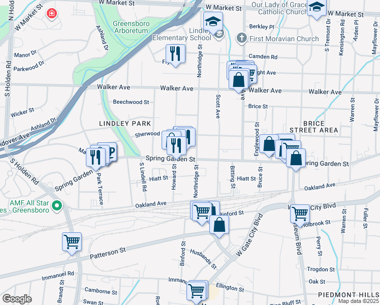 map of restaurants, bars, coffee shops, grocery stores, and more near 2408 Spring Garden Street in Greensboro