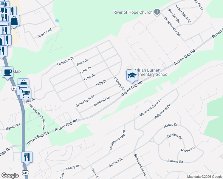 map of restaurants, bars, coffee shops, grocery stores, and more near 4408 Genny Lynn Drive in Knoxville