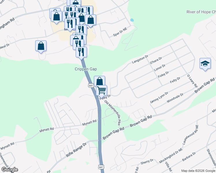 map of restaurants, bars, coffee shops, grocery stores, and more near 4005 Foley Drive in Knoxville