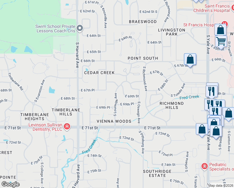 map of restaurants, bars, coffee shops, grocery stores, and more near 6730 South Marion Avenue in Tulsa
