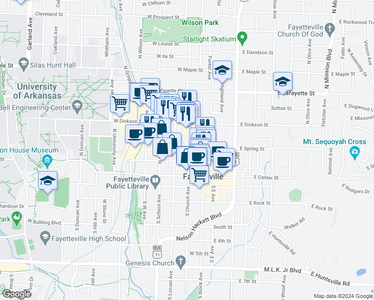 map of restaurants, bars, coffee shops, grocery stores, and more near 179 North Church Avenue in Fayetteville