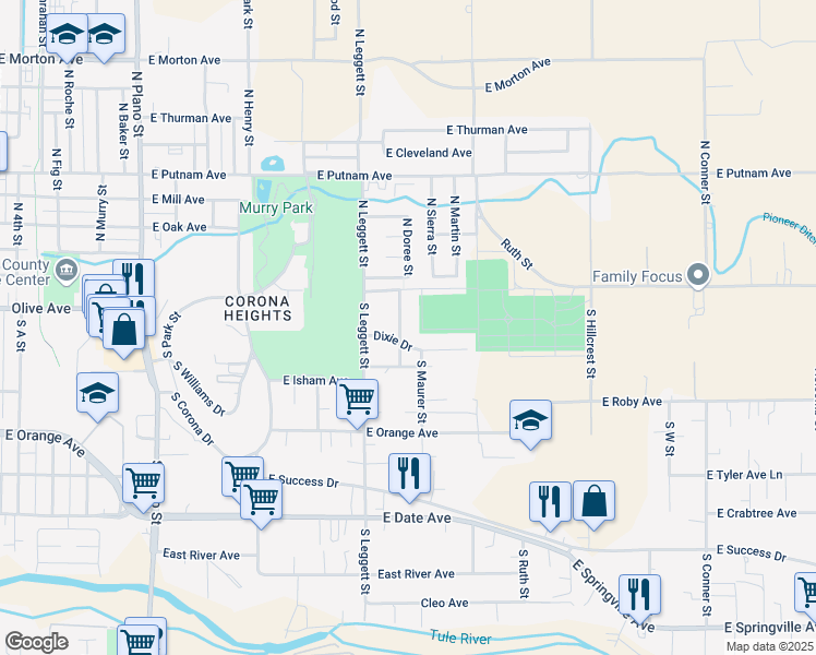 map of restaurants, bars, coffee shops, grocery stores, and more near 66 S Doree St in Porterville