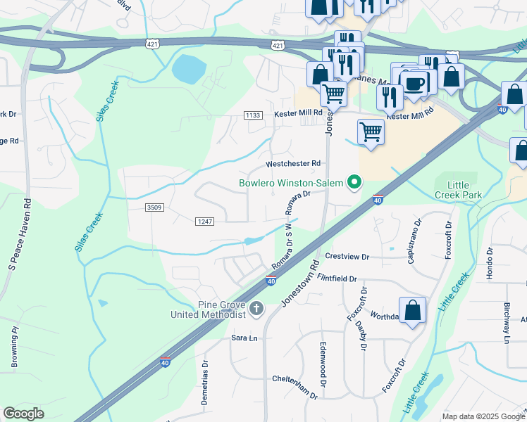map of restaurants, bars, coffee shops, grocery stores, and more near 742 Sterling Brooke Court in Winston-Salem