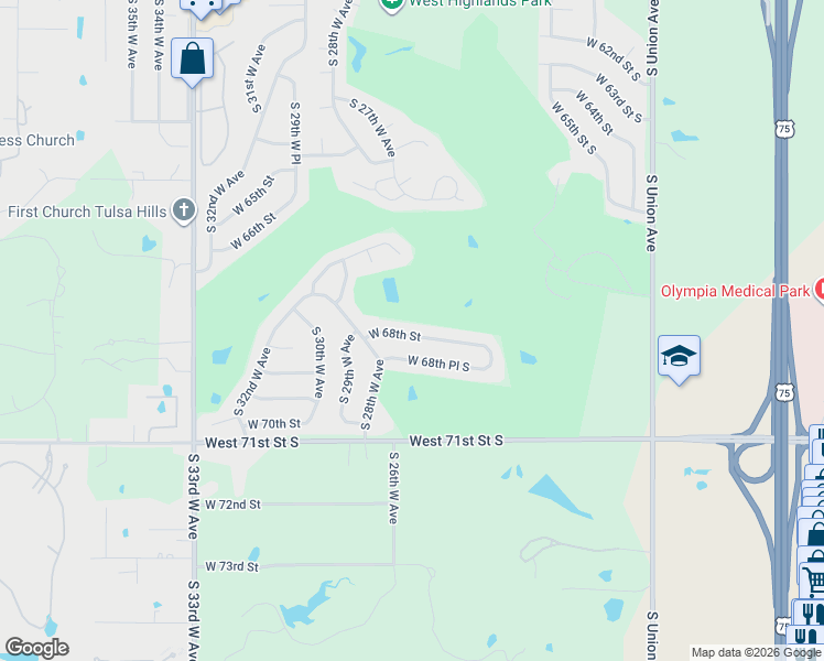 map of restaurants, bars, coffee shops, grocery stores, and more near 2631 West 68th Street in Tulsa