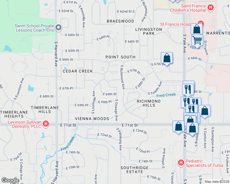 map of restaurants, bars, coffee shops, grocery stores, and more near 3829 East 69th Street in Tulsa