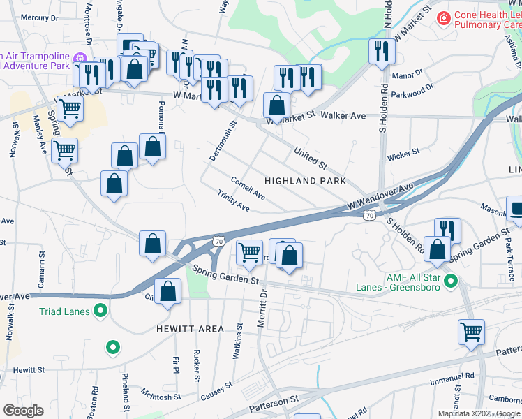 map of restaurants, bars, coffee shops, grocery stores, and more near 4312 Trinity Avenue in Greensboro