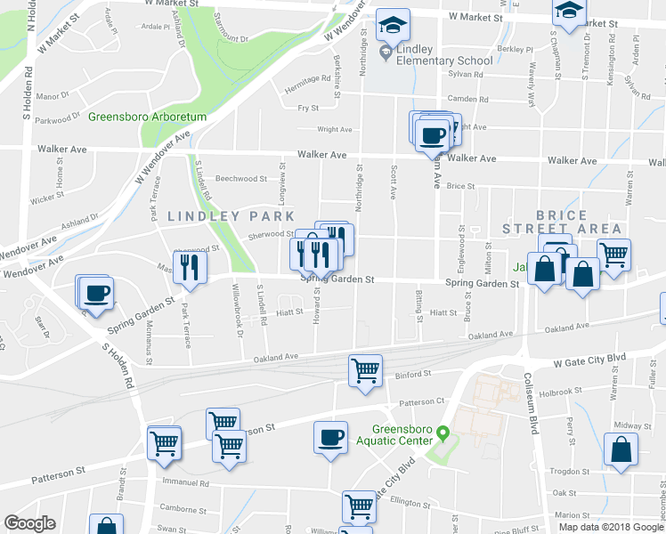 map of restaurants, bars, coffee shops, grocery stores, and more near 2408 Spring Garden Street in Greensboro