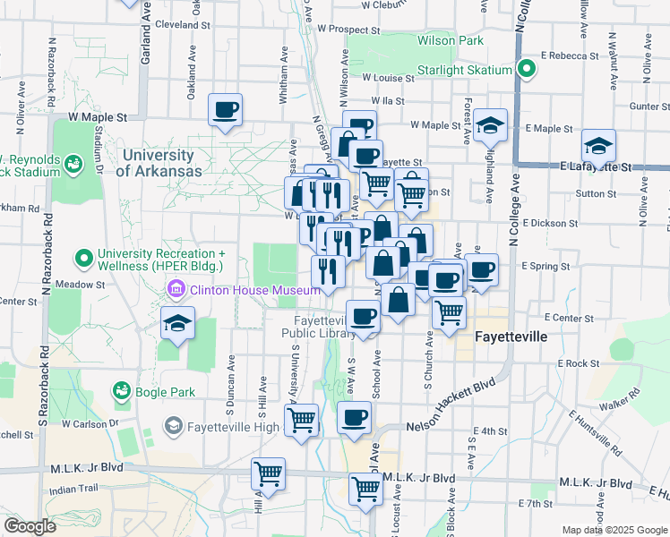 map of restaurants, bars, coffee shops, grocery stores, and more near 509 West Spring Street in Fayetteville