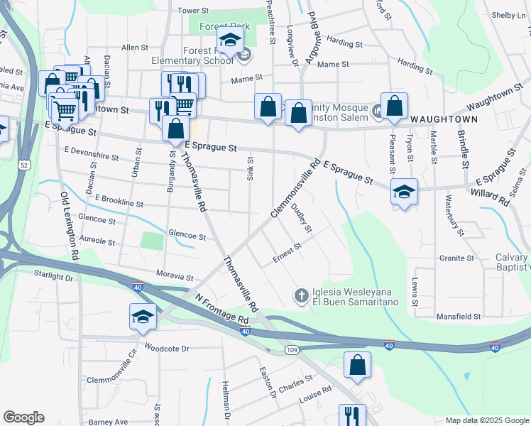map of restaurants, bars, coffee shops, grocery stores, and more near 2526 Peachtree Street in Winston-Salem