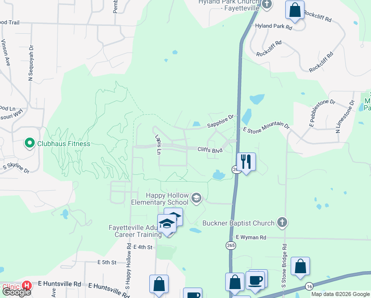 map of restaurants, bars, coffee shops, grocery stores, and more near Cliffs Boulevard in Fayetteville