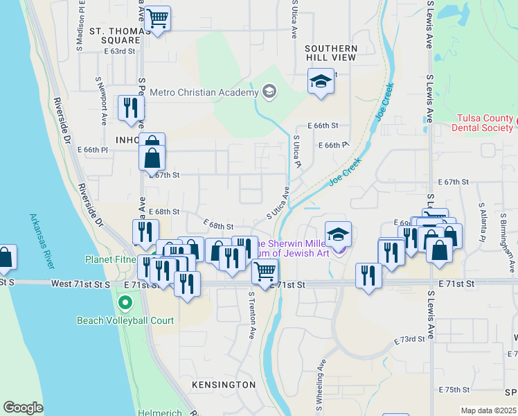 map of restaurants, bars, coffee shops, grocery stores, and more near 1542 East 67th Court in Tulsa