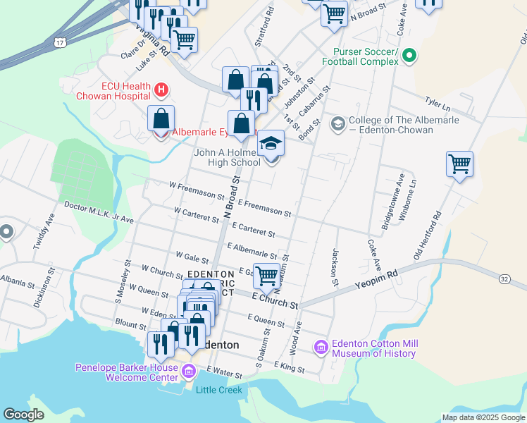 map of restaurants, bars, coffee shops, grocery stores, and more near 120 East Freemason Street in Edenton