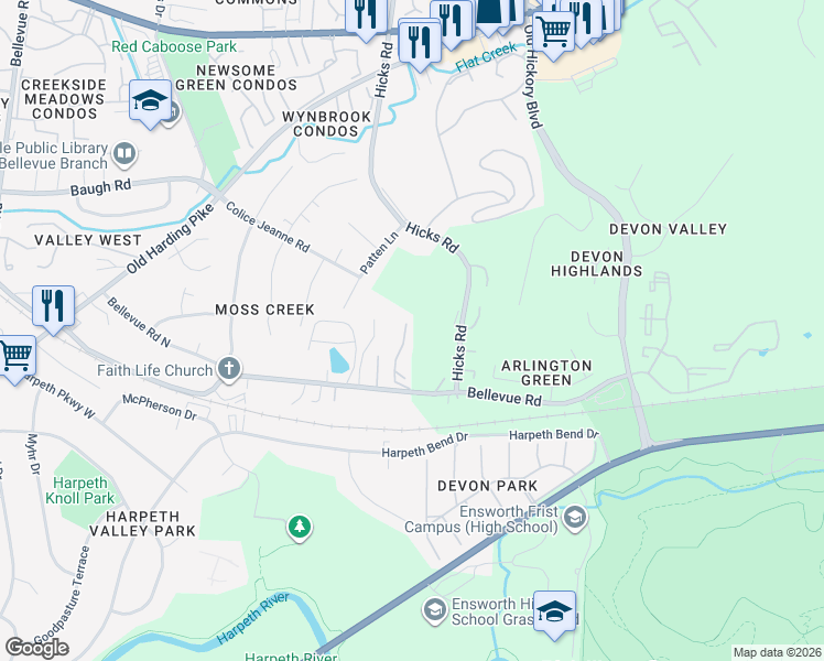 map of restaurants, bars, coffee shops, grocery stores, and more near 157 Hicks Road in Nashville