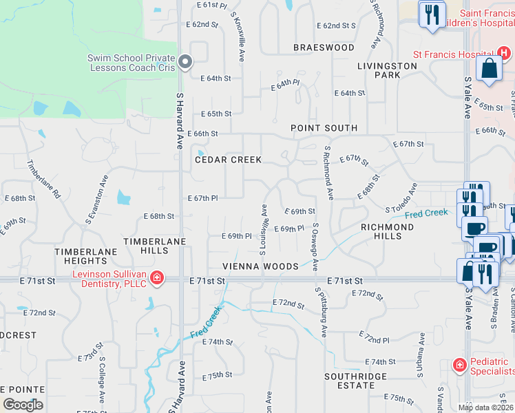map of restaurants, bars, coffee shops, grocery stores, and more near 6737 South Knoxville Avenue in Tulsa