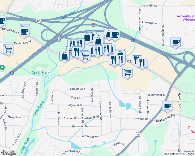 map of restaurants, bars, coffee shops, grocery stores, and more near 2830 Carrollwood Drive in Winston-Salem
