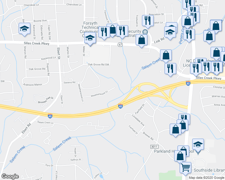 map of restaurants, bars, coffee shops, grocery stores, and more near 138 Weatherwood Court in Winston-Salem
