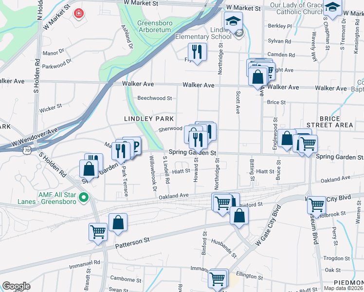 map of restaurants, bars, coffee shops, grocery stores, and more near in Greensboro
