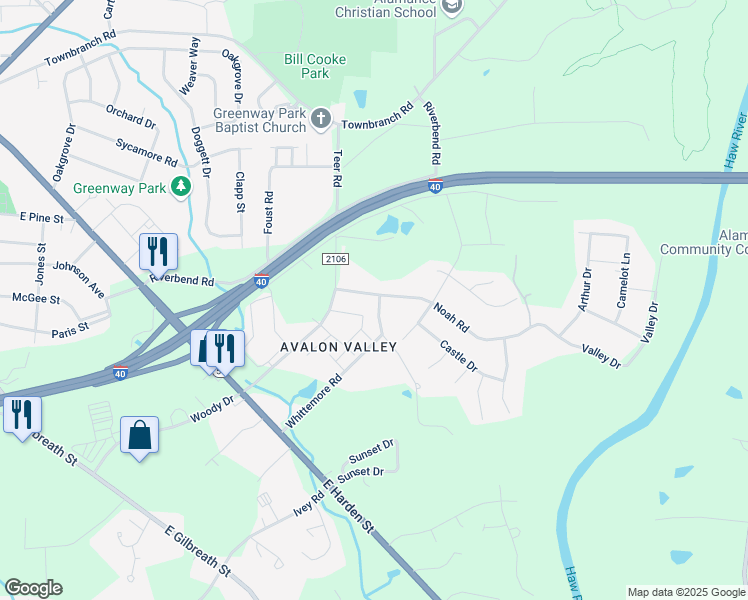 map of restaurants, bars, coffee shops, grocery stores, and more near 1037 Noah Road in Graham