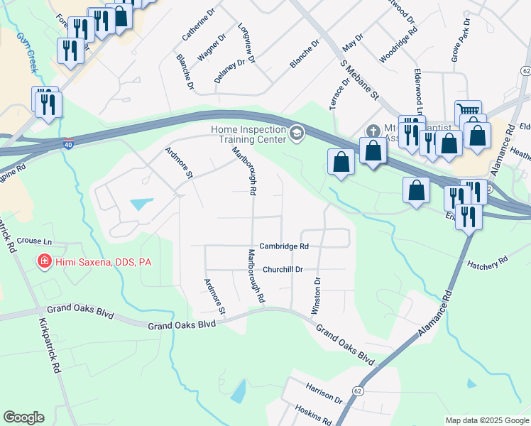 map of restaurants, bars, coffee shops, grocery stores, and more near 2525 Clarendon Road in Burlington
