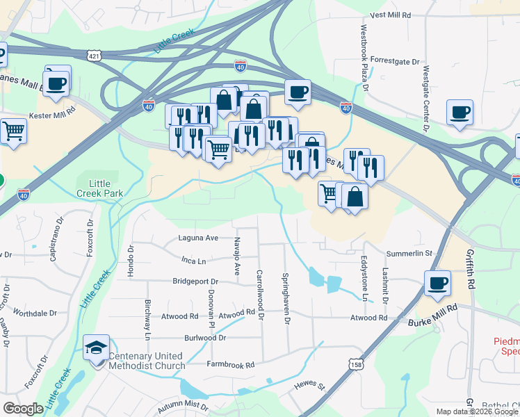 map of restaurants, bars, coffee shops, grocery stores, and more near 2835 Carrollwood Drive in Winston-Salem