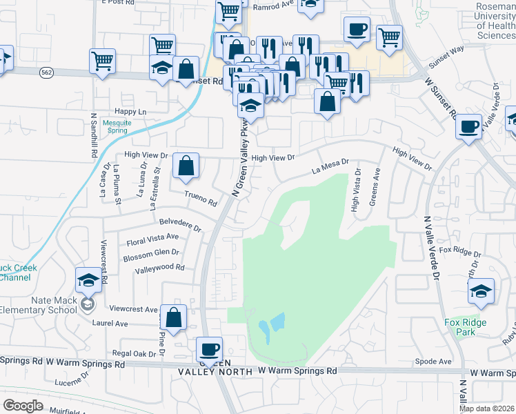 map of restaurants, bars, coffee shops, grocery stores, and more near 3010 La Mesa Drive in Henderson