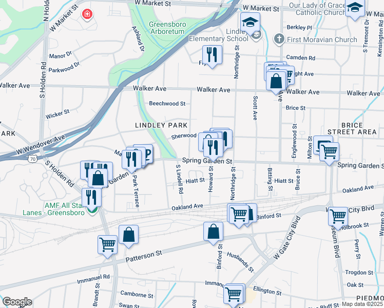map of restaurants, bars, coffee shops, grocery stores, and more near 2516 Spring Garden Street in Greensboro