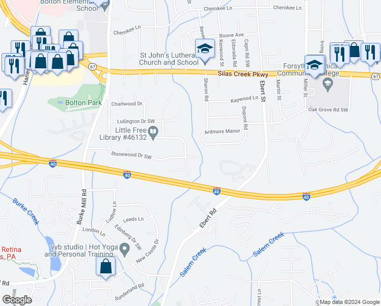 map of restaurants, bars, coffee shops, grocery stores, and more near 1682 Stonewood Drive Southwest in Winston-Salem