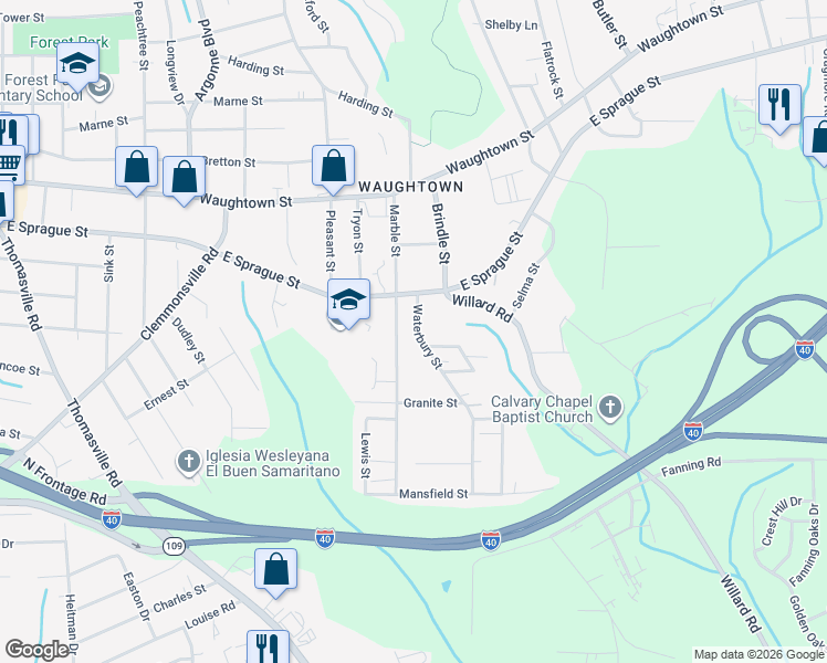 map of restaurants, bars, coffee shops, grocery stores, and more near 2334 Waterbury Street in Winston-Salem