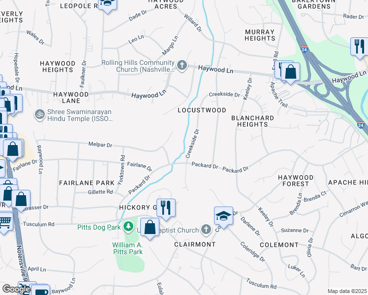 map of restaurants, bars, coffee shops, grocery stores, and more near 3941 Creekside Drive in Nashville