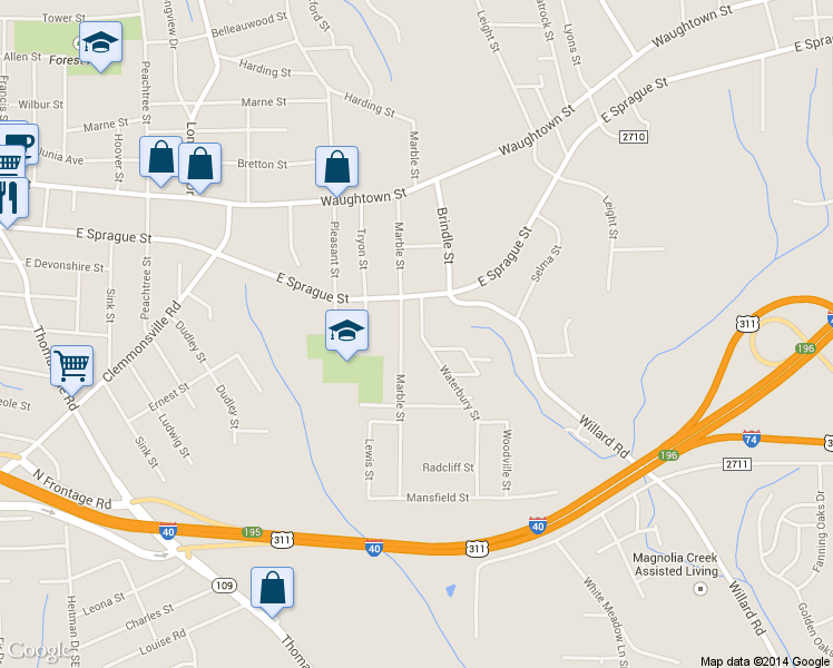 map of restaurants, bars, coffee shops, grocery stores, and more near 2334 Waterbury St in Winston-Salem