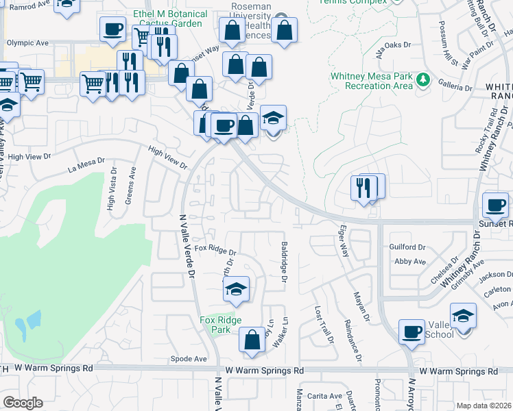 map of restaurants, bars, coffee shops, grocery stores, and more near 1843 Mimosa Court in Henderson