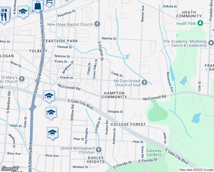 map of restaurants, bars, coffee shops, grocery stores, and more near 1012 Avalon Road in Greensboro