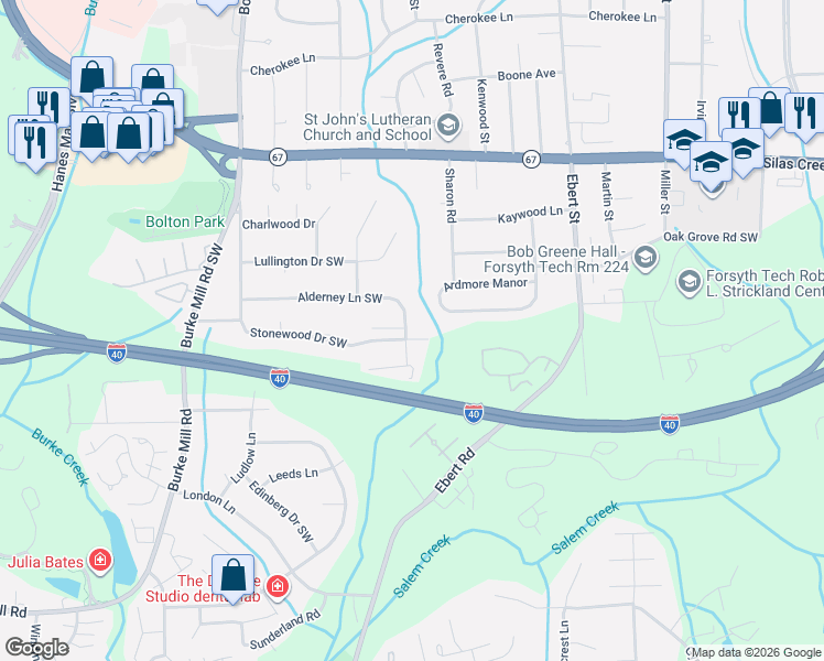 map of restaurants, bars, coffee shops, grocery stores, and more near 1666 Stonewood Drive Southwest in Winston-Salem
