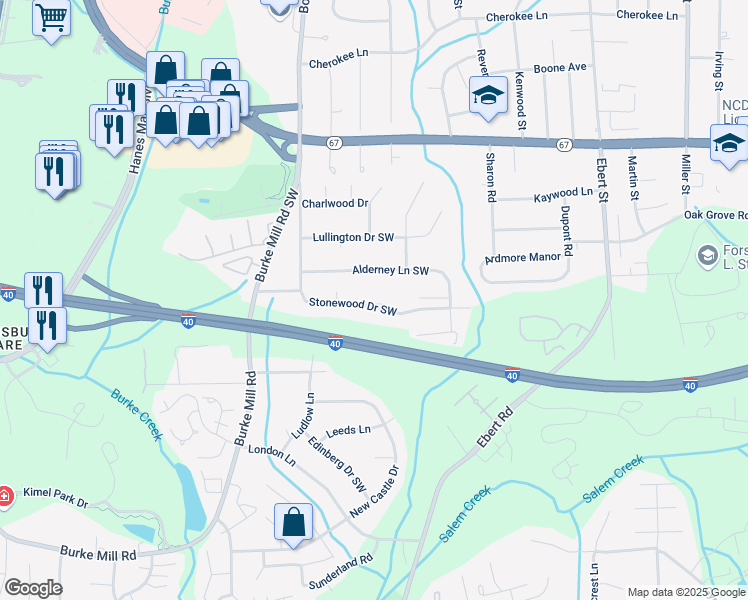 map of restaurants, bars, coffee shops, grocery stores, and more near 1848 Stonewood Drive Southwest in Winston-Salem