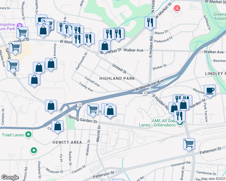 map of restaurants, bars, coffee shops, grocery stores, and more near 4244 Ashland Drive in Greensboro
