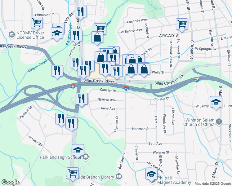 map of restaurants, bars, coffee shops, grocery stores, and more near 912 Cloister Drive in Winston-Salem