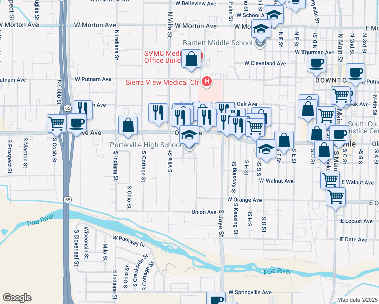 map of restaurants, bars, coffee shops, grocery stores, and more near 465 West Olive Avenue in Porterville