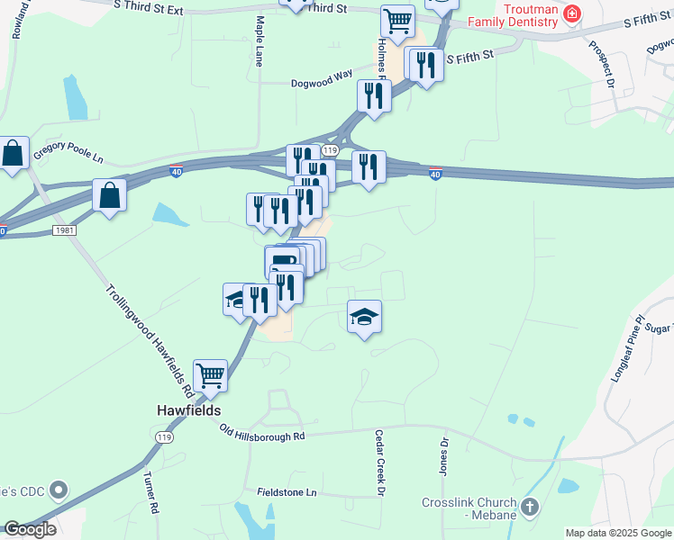 map of restaurants, bars, coffee shops, grocery stores, and more near 600 Deerfield Trc in Mebane