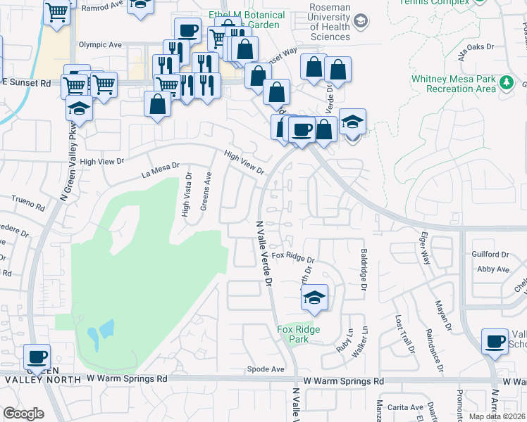 map of restaurants, bars, coffee shops, grocery stores, and more near 613 Cervantes Drive in Henderson