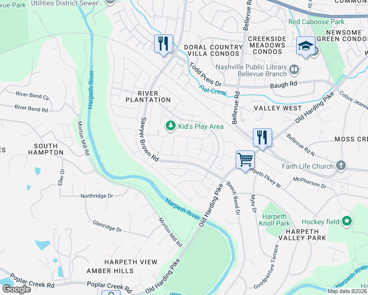 map of restaurants, bars, coffee shops, grocery stores, and more near 9152 Sawyer Brown Road in Nashville